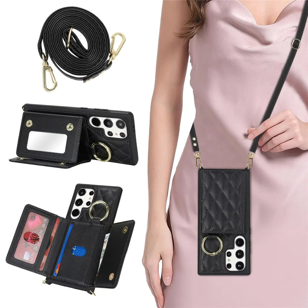 For Samsung Galaxy S24 Ultra Case with Lanyard / Mirror / Card Holder Grids Pattern RFID Blocking Phone Cover - Black - 4