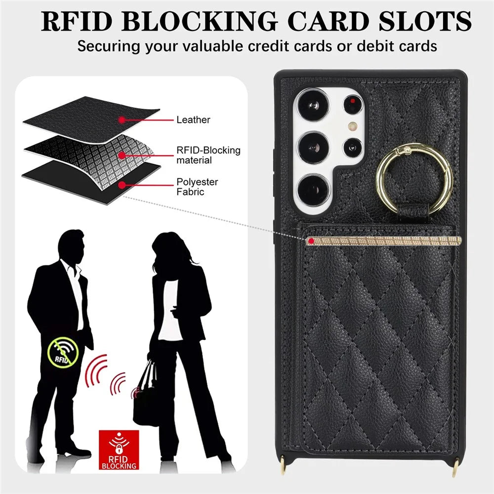 For Samsung Galaxy S24 Ultra Case with Lanyard / Mirror / Card Holder Grids Pattern RFID Blocking Phone Cover - Black - 5