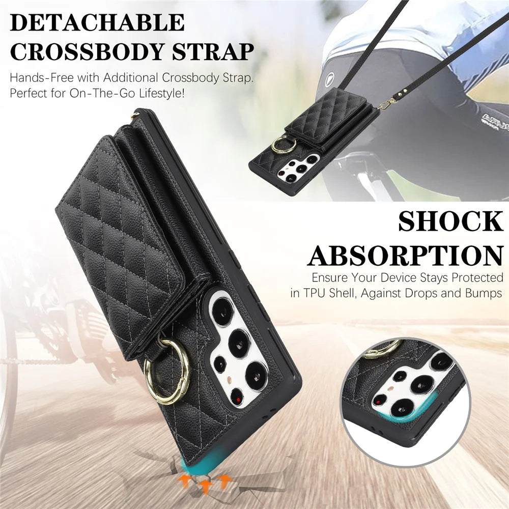 For Samsung Galaxy S24 Ultra Case with Lanyard / Mirror / Card Holder Grids Pattern RFID Blocking Phone Cover - Black - 6
