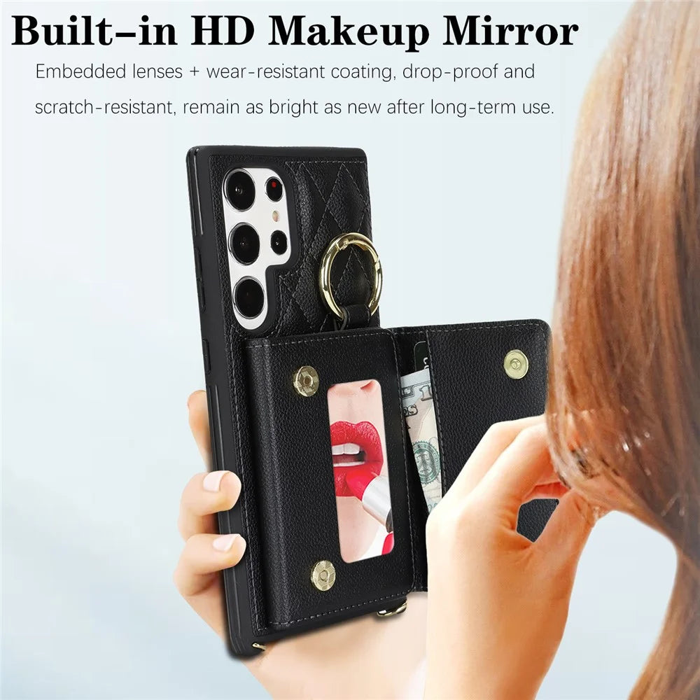 For Samsung Galaxy S24 Ultra Case with Lanyard / Mirror / Card Holder Grids Pattern RFID Blocking Phone Cover - Black - 7