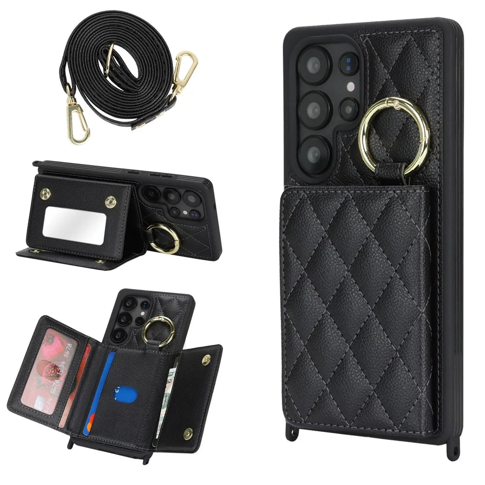 For Samsung Galaxy S25 Ultra Case with Lanyard / Mirror / Card Holder Grids Pattern RFID Blocking Phone Cover - Black - 1