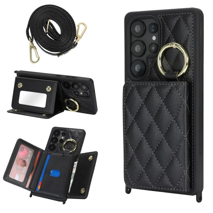 For Samsung Galaxy S25 Ultra Case with Lanyard / Mirror / Card Holder Grids Pattern RFID Blocking Phone Cover - Black - 1
