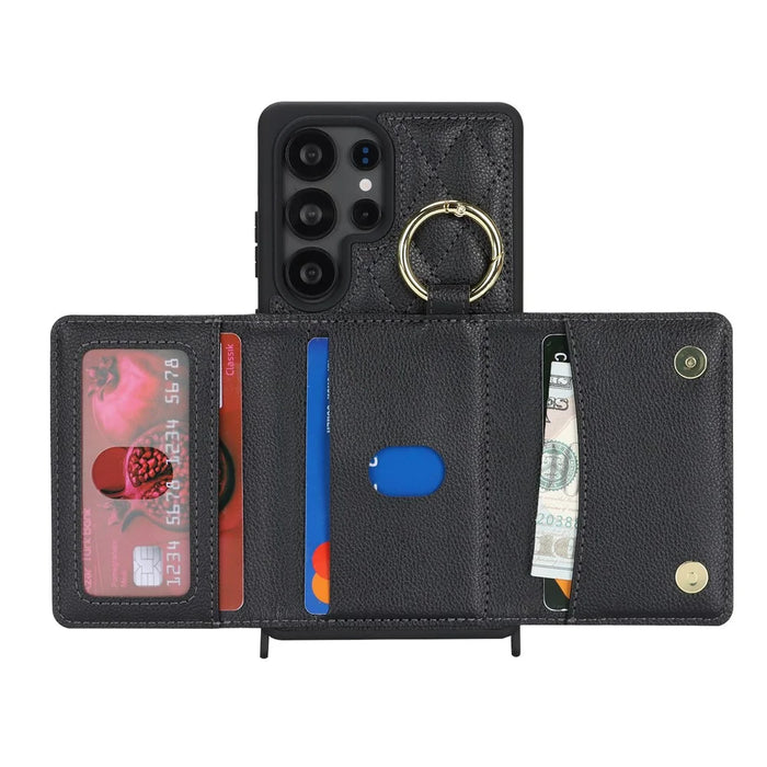 For Samsung Galaxy S25 Ultra Case with Lanyard / Mirror / Card Holder Grids Pattern RFID Blocking Phone Cover - Black - 2