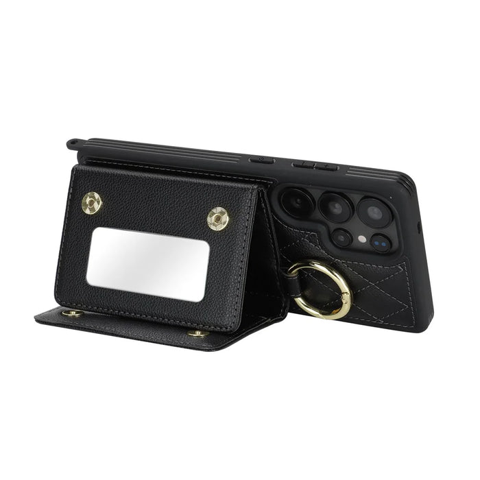 For Samsung Galaxy S25 Ultra Case with Lanyard / Mirror / Card Holder Grids Pattern RFID Blocking Phone Cover - Black - 3
