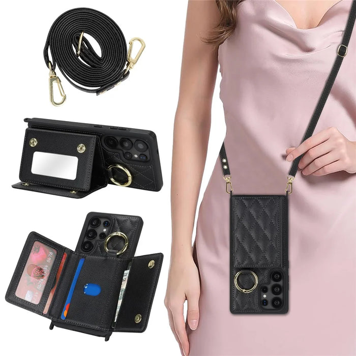 For Samsung Galaxy S25 Ultra Case with Lanyard / Mirror / Card Holder Grids Pattern RFID Blocking Phone Cover - Black - 4
