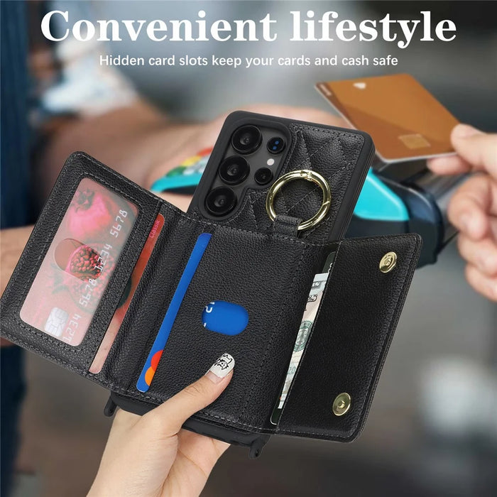 For Samsung Galaxy S25 Ultra Case with Lanyard / Mirror / Card Holder Grids Pattern RFID Blocking Phone Cover - Black - 5