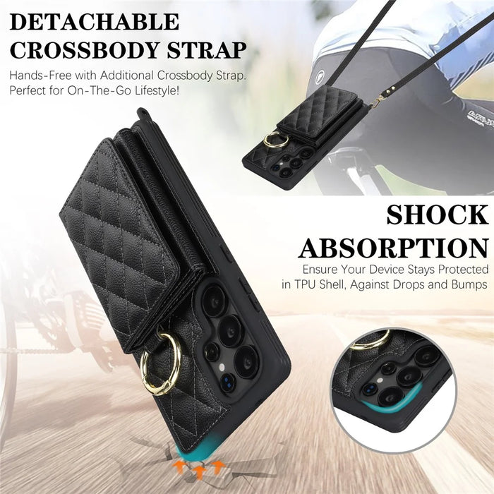 For Samsung Galaxy S25 Ultra Case with Lanyard / Mirror / Card Holder Grids Pattern RFID Blocking Phone Cover - Black - 6