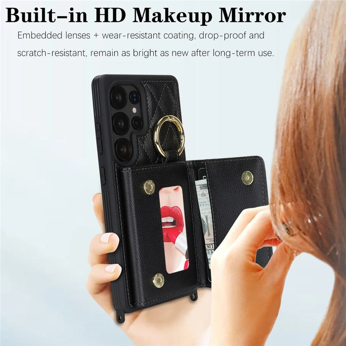 For Samsung Galaxy S25 Ultra Case with Lanyard / Mirror / Card Holder Grids Pattern RFID Blocking Phone Cover - Black - 7