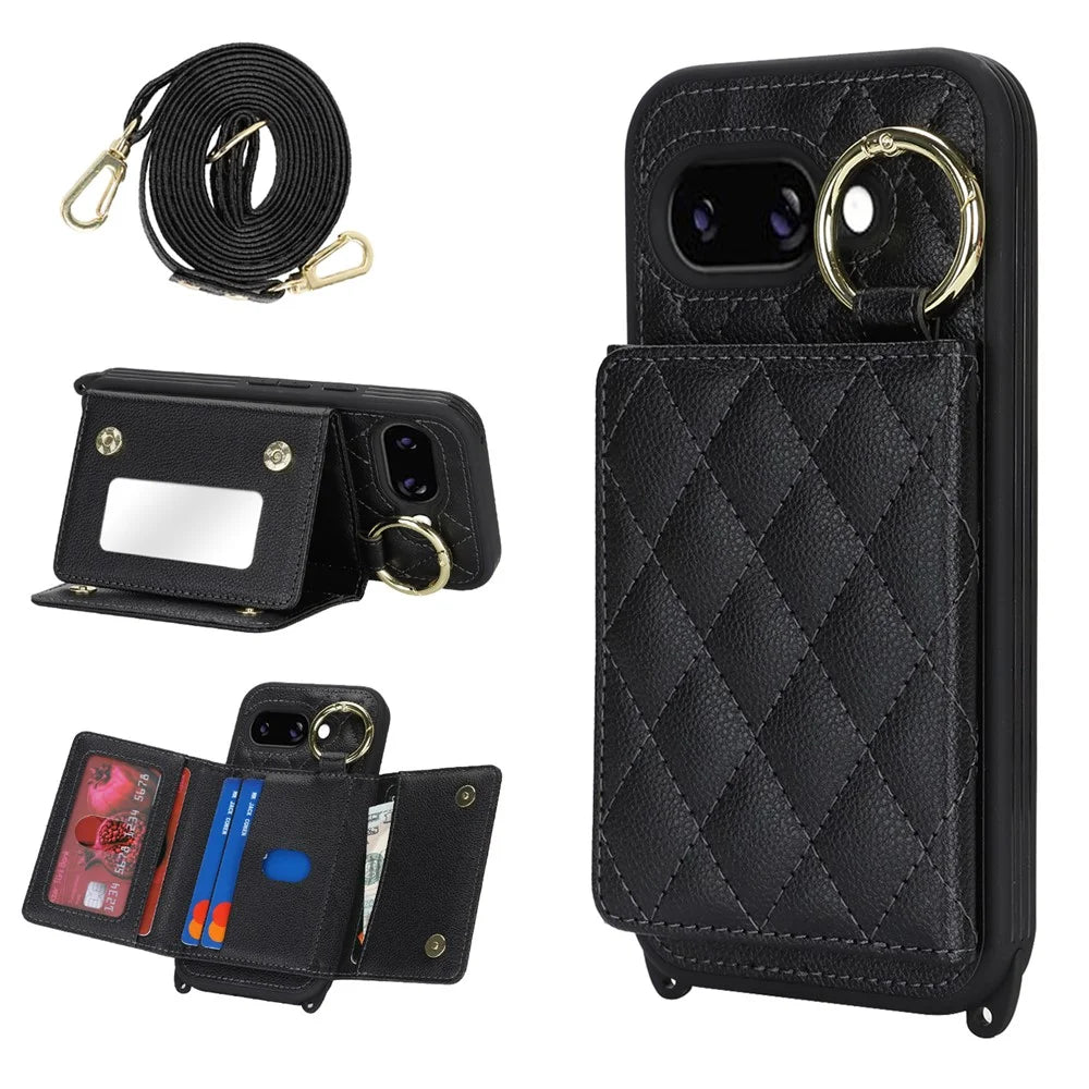 For Google Pixel 9a Case with Lanyard / Mirror / Card Holder Grids Pattern RFID Blocking Phone Cover - Black - 1