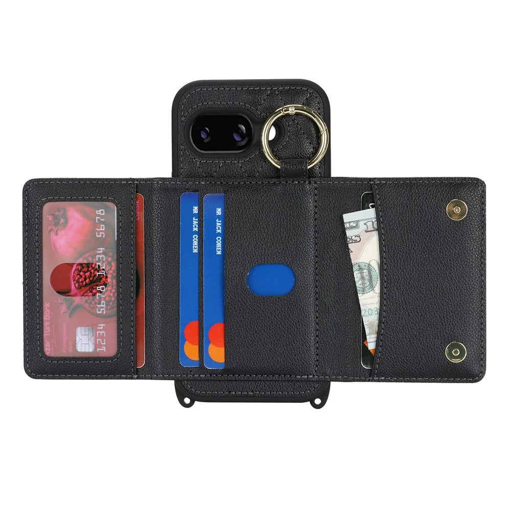 For Google Pixel 9a Case with Lanyard / Mirror / Card Holder Grids Pattern RFID Blocking Phone Cover - Black - 2
