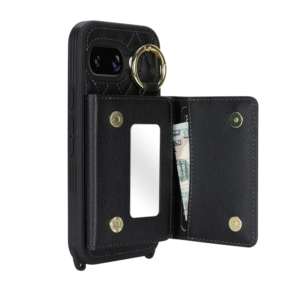 For Google Pixel 9a Case with Lanyard / Mirror / Card Holder Grids Pattern RFID Blocking Phone Cover - Black - 3
