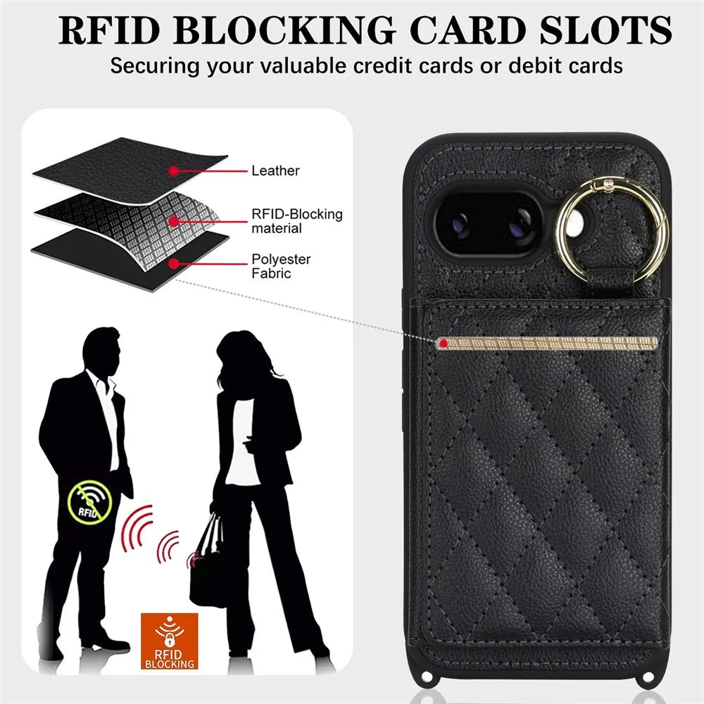 For Google Pixel 9a Case with Lanyard / Mirror / Card Holder Grids Pattern RFID Blocking Phone Cover - Black - 5