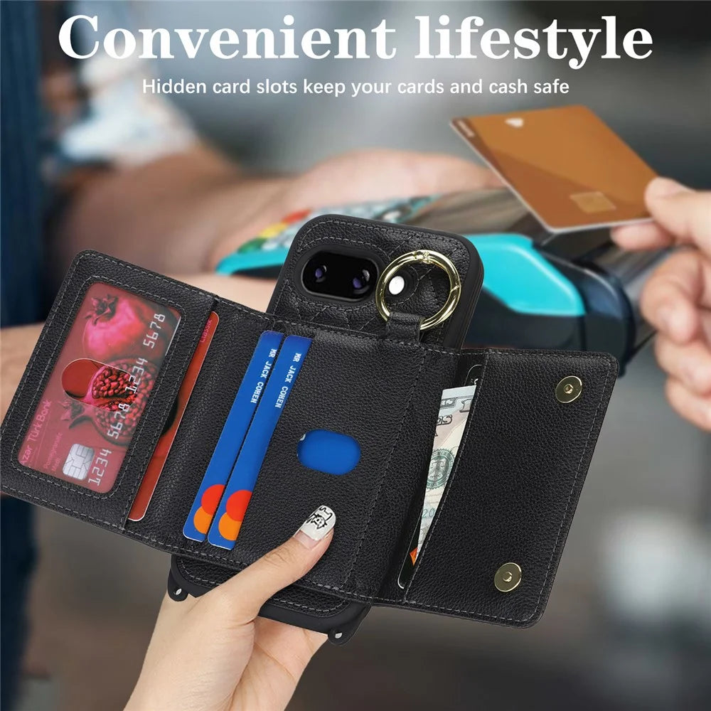 For Google Pixel 9a Case with Lanyard / Mirror / Card Holder Grids Pattern RFID Blocking Phone Cover - Black - 6