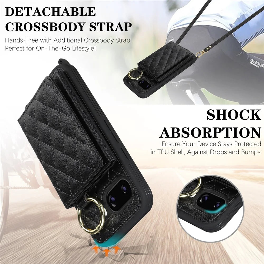 For Google Pixel 9a Case with Lanyard / Mirror / Card Holder Grids Pattern RFID Blocking Phone Cover - Black - 7