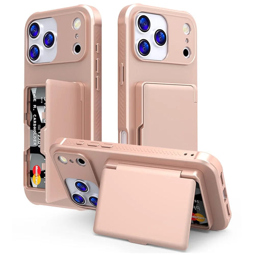 For iPhone 17 Pro Max Case with Card Holder  /  Mirror  /  Kickstand TPU + PC Phone Back Cover - Rose Gold - 1