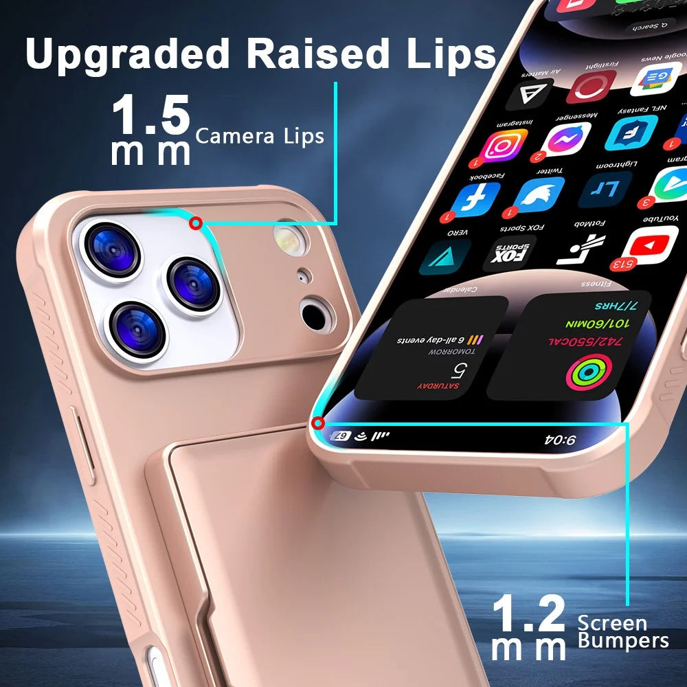 For iPhone 17 Pro Max Case with Card Holder  /  Mirror  /  Kickstand TPU + PC Phone Back Cover - Rose Gold - 3