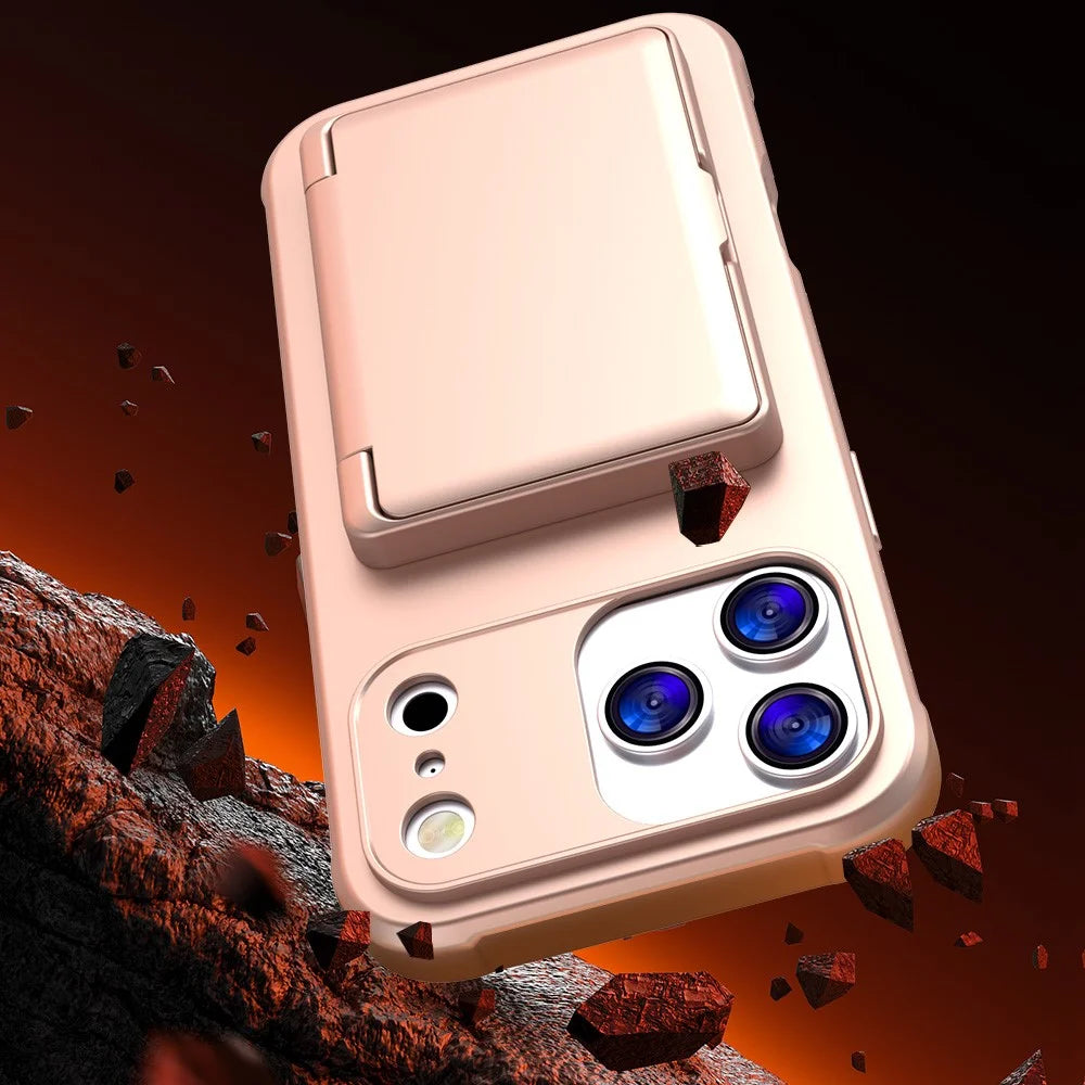 For iPhone 17 Pro Max Case with Card Holder  /  Mirror  /  Kickstand TPU + PC Phone Back Cover - Rose Gold - 4