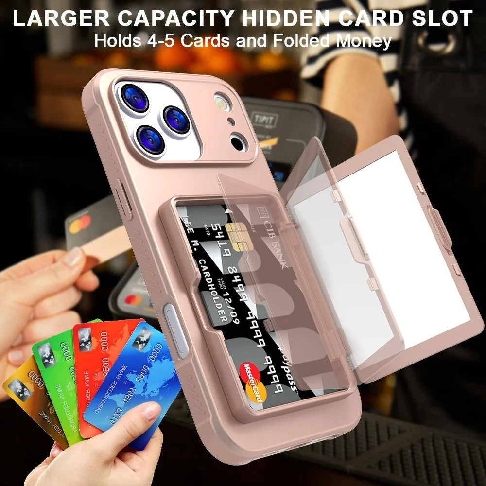 For iPhone 17 Pro Max Case with Card Holder  /  Mirror  /  Kickstand TPU + PC Phone Back Cover - Rose Gold - 6