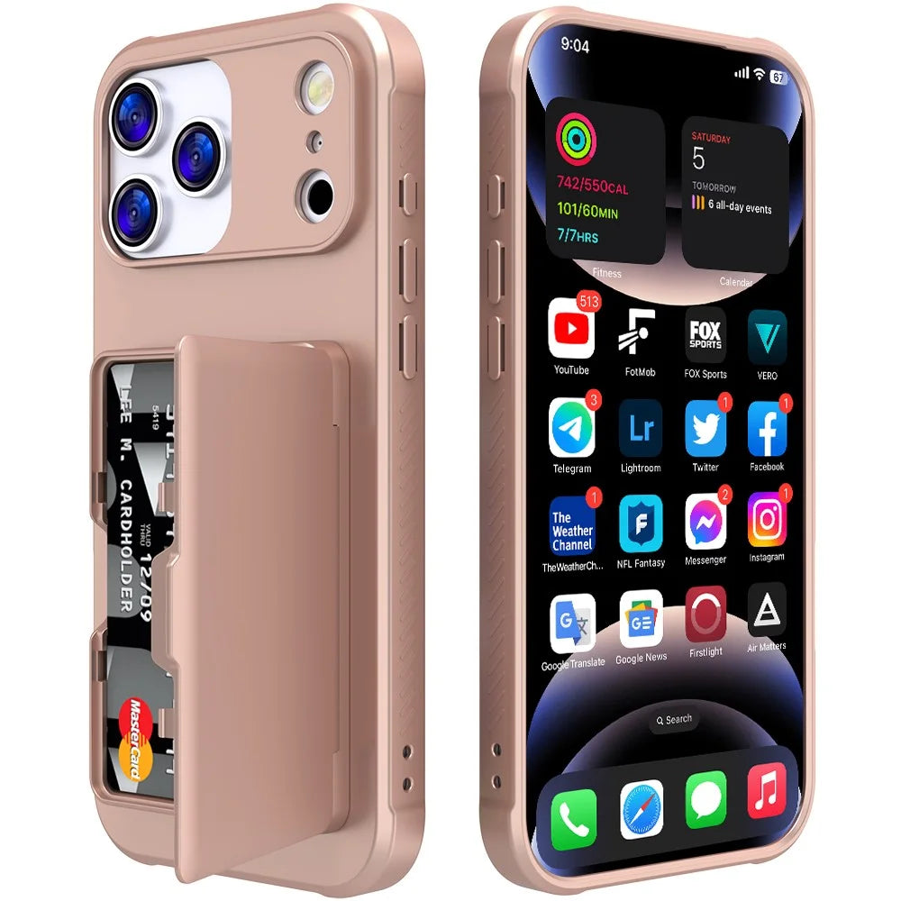 For iPhone 17 Pro Max Case with Card Holder  /  Mirror  /  Kickstand TPU + PC Phone Back Cover - Rose Gold - 7