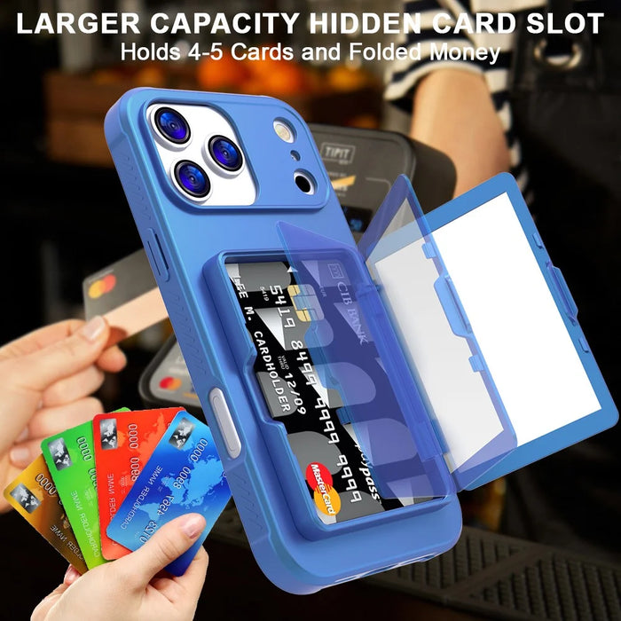 For iPhone 17 Pro Case with Card Holder  /  Mirror  /  Kickstand TPU + PC Phone Back Cover - Navy Blue - 6