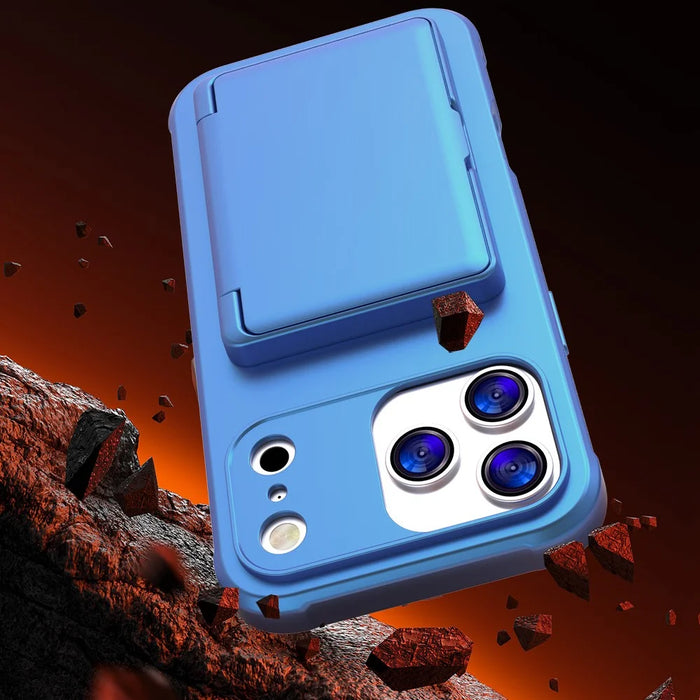 For iPhone Air Case with Card Holder  /  Mirror  /  Kickstand TPU + PC Phone Back Cover - Navy Blue - 4