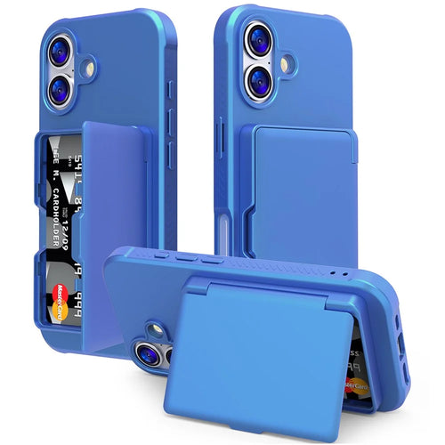 For iPhone 17 Case with Card Holder  /  Mirror  /  Kickstand TPU + PC Phone Back Cover - Navy Blue - 1