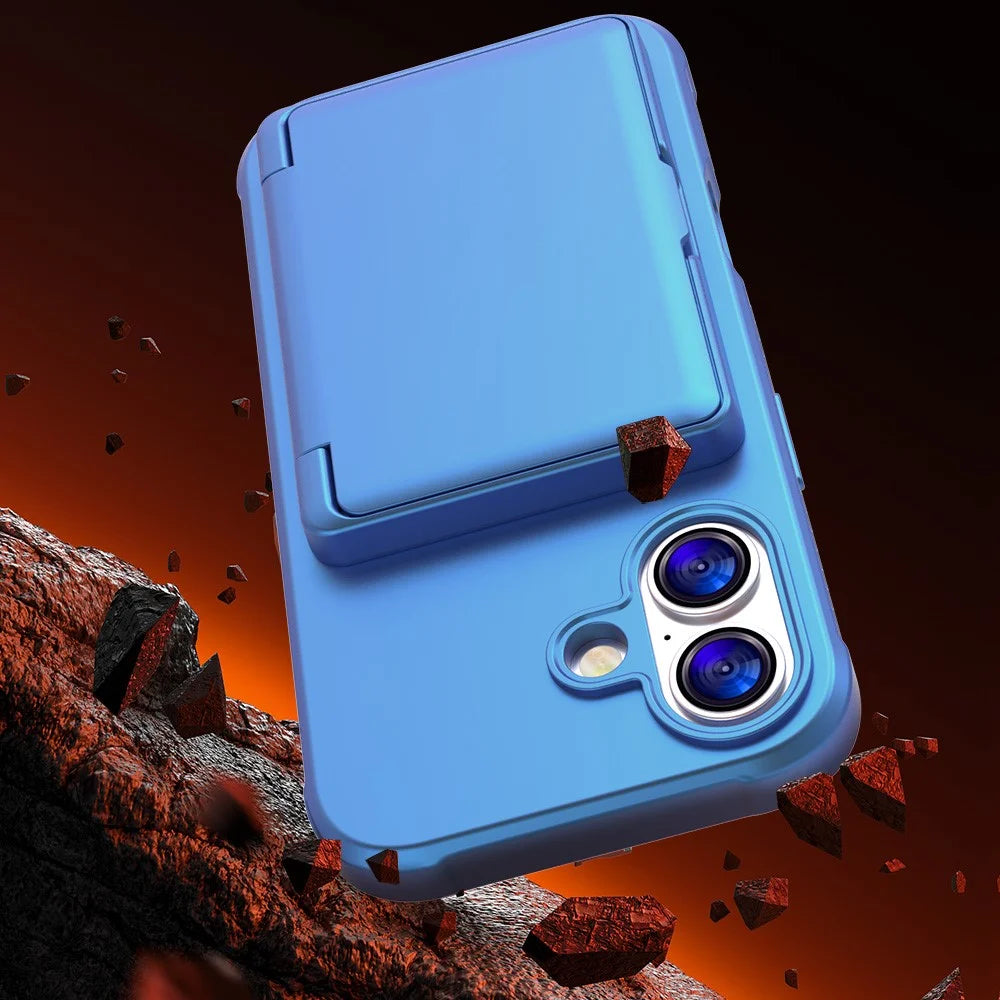 For iPhone 17 Case with Card Holder  /  Mirror  /  Kickstand TPU + PC Phone Back Cover - Navy Blue - 4