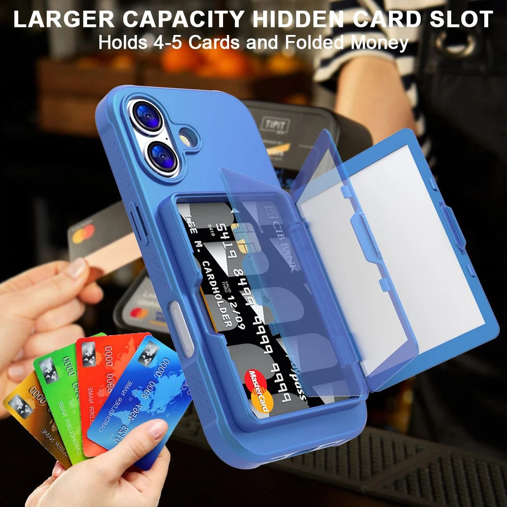 For iPhone 17 Case with Card Holder  /  Mirror  /  Kickstand TPU + PC Phone Back Cover - Navy Blue - 6