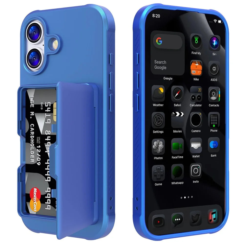 For iPhone 17 Case with Card Holder  /  Mirror  /  Kickstand TPU + PC Phone Back Cover - Navy Blue - 7