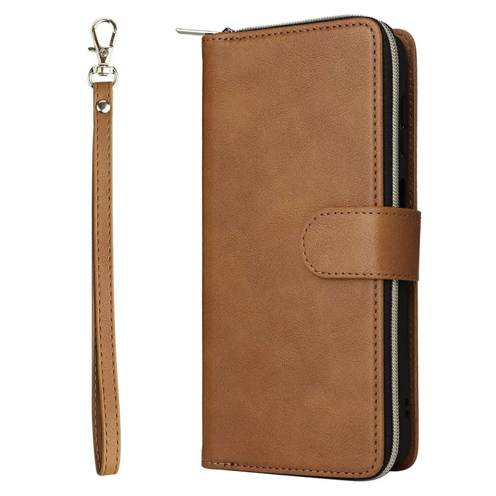 For Samsung Galaxy S26 Case Zipper Pocket 9 Card Slots PU Leather Phone Cover with Hand Strap - Brown - 6