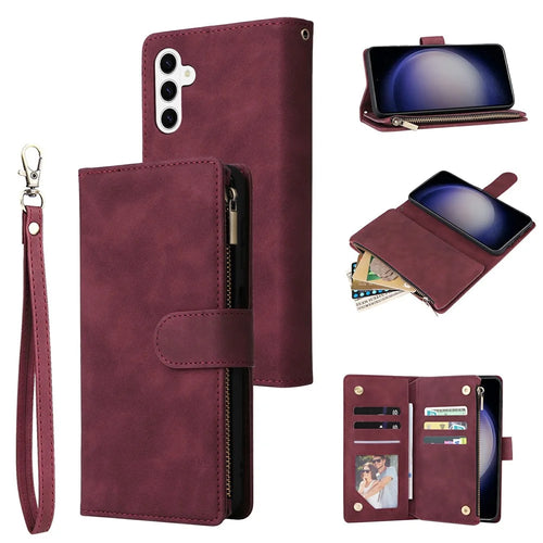 For Samsung Galaxy S26 Case Zipper Wallet Multiple Card Slots Leather Phone Cover with Wrist Strap - Wine Red - 1