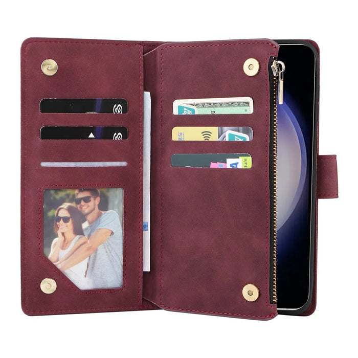For Samsung Galaxy S26 Case Zipper Wallet Multiple Card Slots Leather Phone Cover with Wrist Strap - Wine Red - 2