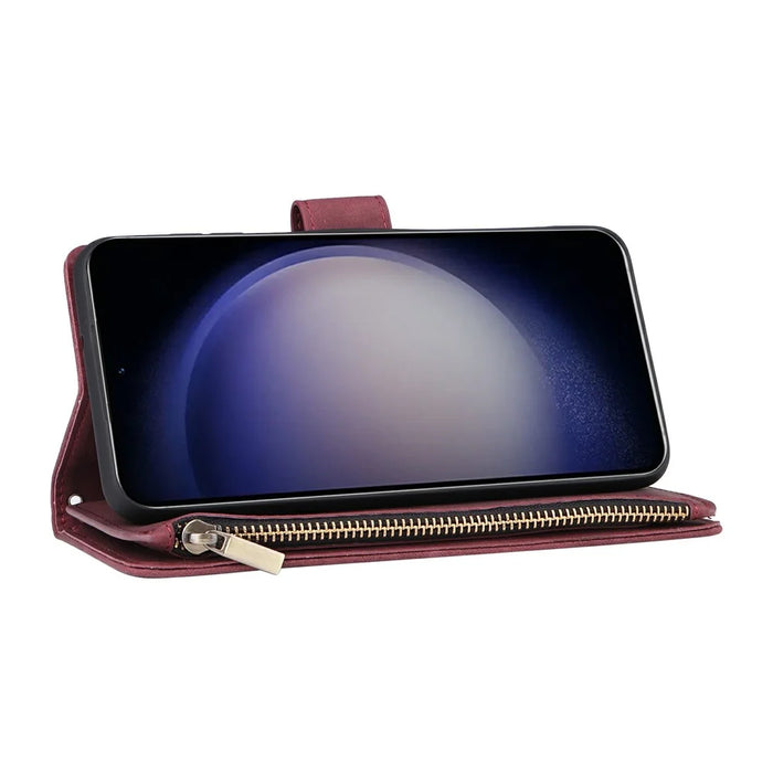 For Samsung Galaxy S26 Case Zipper Wallet Multiple Card Slots Leather Phone Cover with Wrist Strap - Wine Red - 4