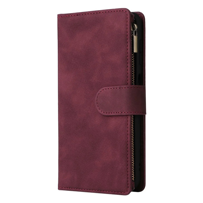 For Samsung Galaxy S26 Case Zipper Wallet Multiple Card Slots Leather Phone Cover with Wrist Strap - Wine Red - 6