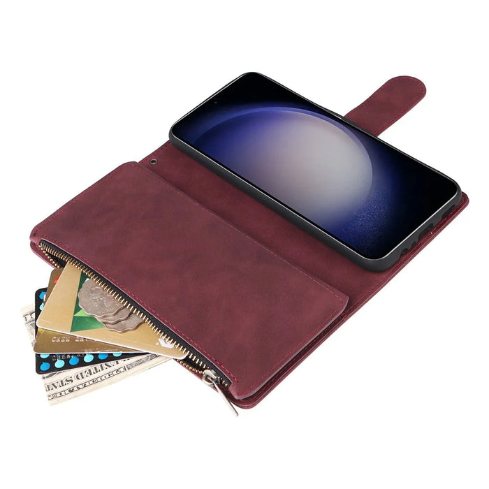 For Samsung Galaxy S26+ Case Zipper Wallet Multiple Card Slots Leather Phone Cover with Wrist Strap - Wine Red - 5