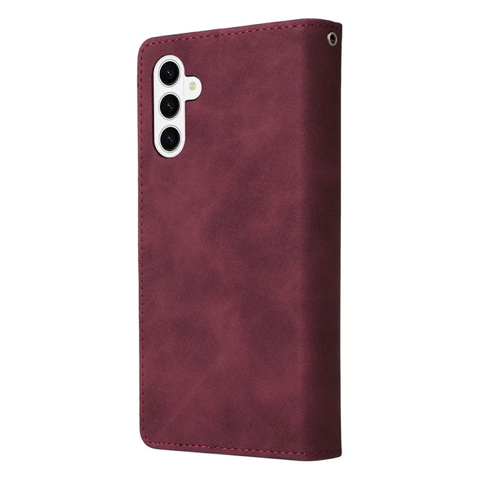 For Samsung Galaxy S26+ Case Zipper Wallet Multiple Card Slots Leather Phone Cover with Wrist Strap - Wine Red - 7