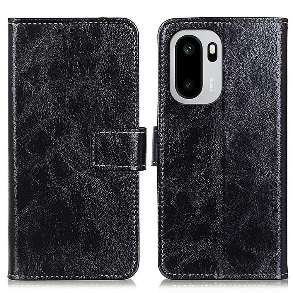 Leather Case for OnePlus Ace 6 5G / Ace 6T 5G / 15R 5G Wallet Phone Cover Crazy Horse Texture - Black - 1