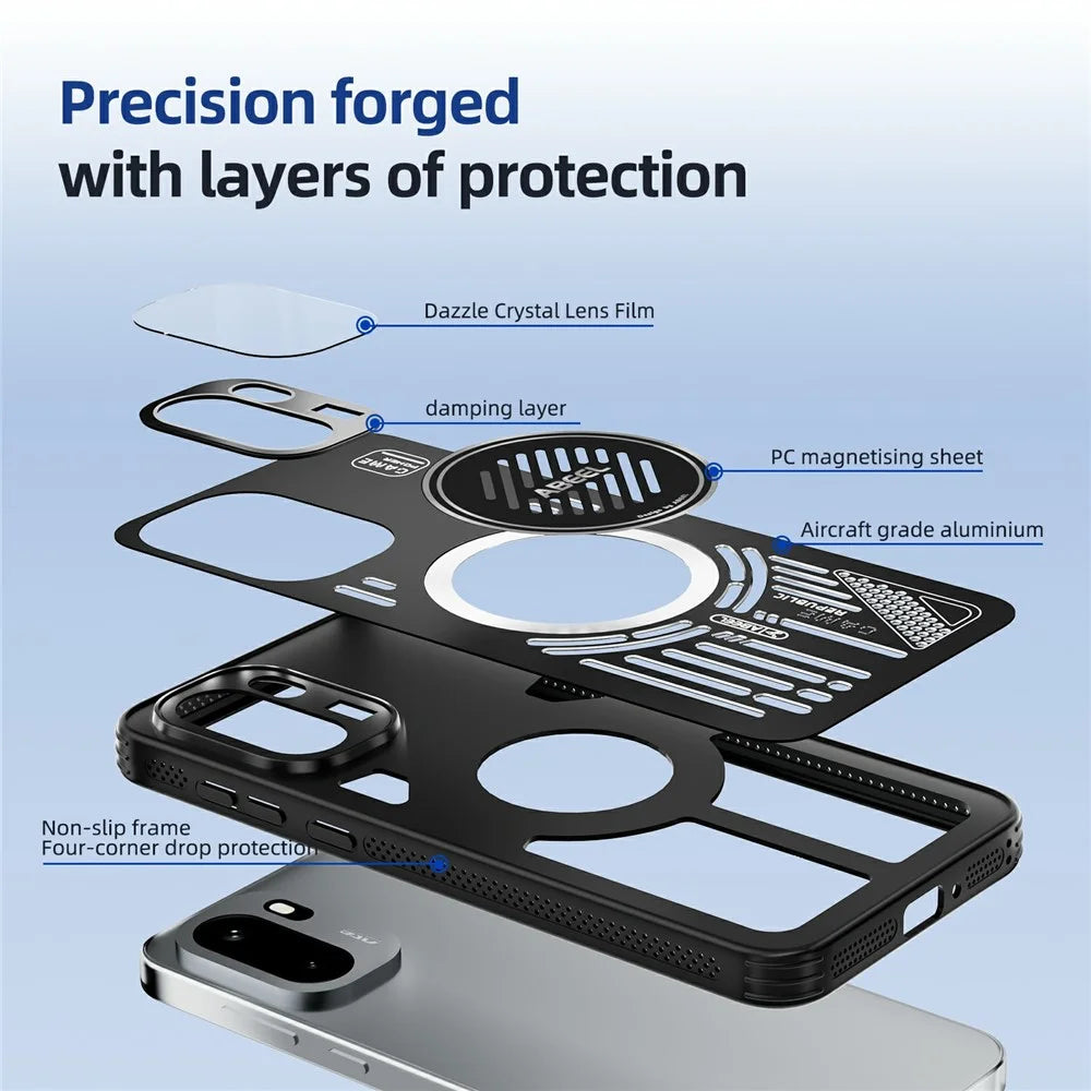 ABEEL For OnePlus 15R 5G / Ace 6T 5G / Ace 6 5G Magnetic Case Aluminium Alloy + PC + TPU Hollow Heat Dissipation Phone Cover - Black - 5