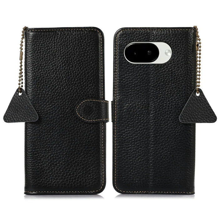For Google Pixel 10a Case RFID Blocking Genuine Cow Leather Phone Cover Litchi Texture - Black - 1