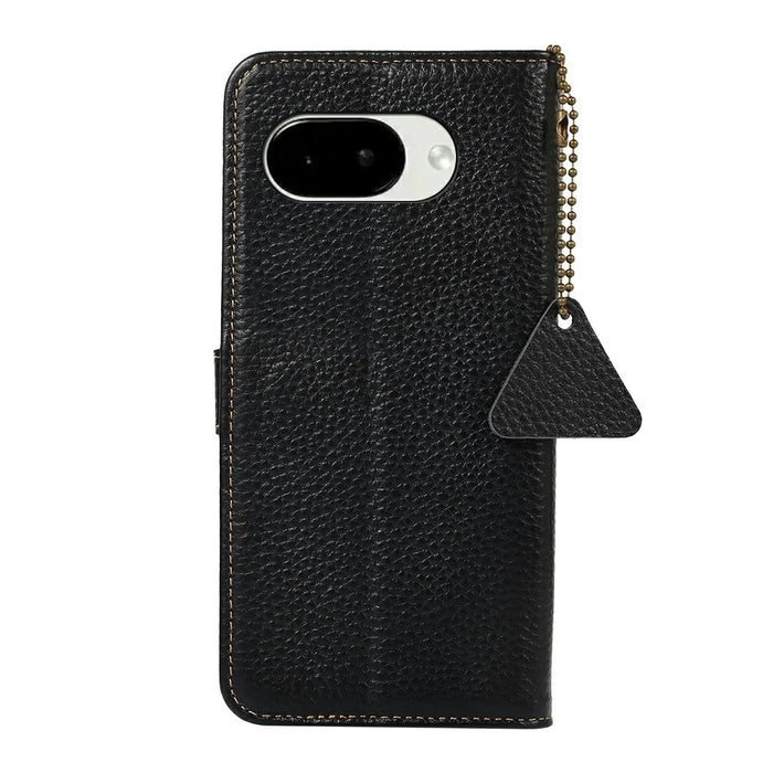 For Google Pixel 10a Case RFID Blocking Genuine Cow Leather Phone Cover Litchi Texture - Black - 7
