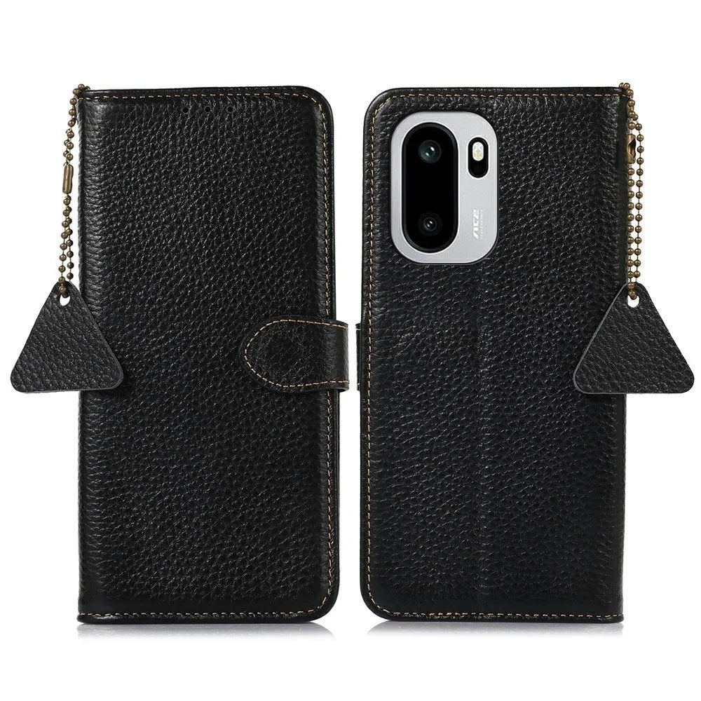 For OnePlus 15R 5G / Ace 6T 5G / Ace 6 5G Case RFID Blocking Genuine Cow Leather Phone Cover Litchi Texture - Black - 1