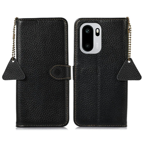 For OnePlus 15R 5G / Ace 6T 5G / Ace 6 5G Case RFID Blocking Genuine Cow Leather Phone Cover Litchi Texture - Black - 1