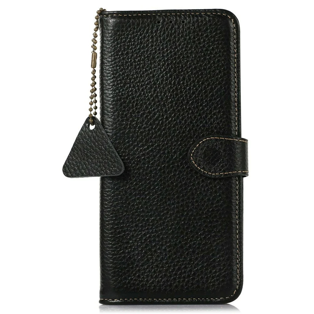 For OnePlus 15R 5G / Ace 6T 5G / Ace 6 5G Case RFID Blocking Genuine Cow Leather Phone Cover Litchi Texture - Black - 6