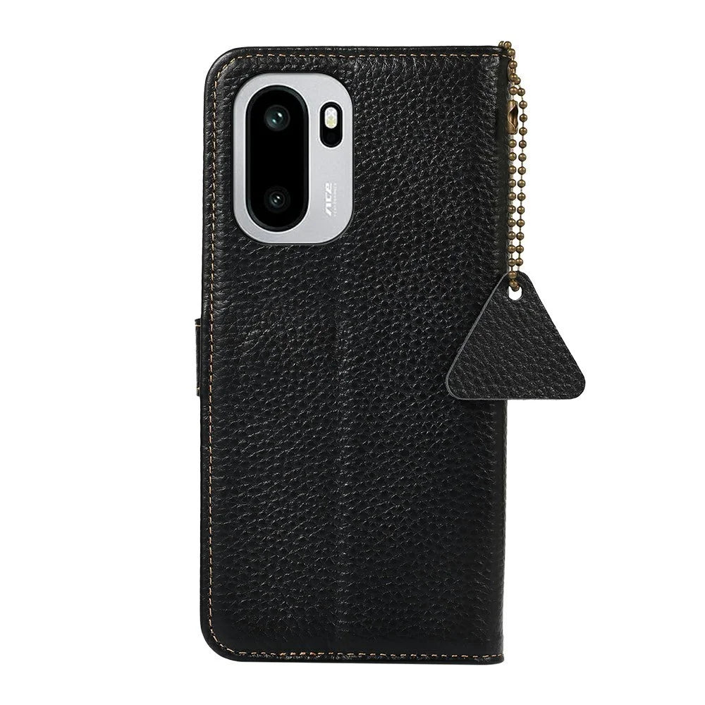 For OnePlus 15R 5G / Ace 6T 5G / Ace 6 5G Case RFID Blocking Genuine Cow Leather Phone Cover Litchi Texture - Black - 7
