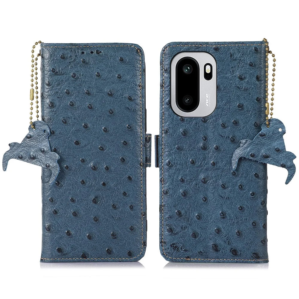 For OnePlus 15R 5G / Ace 6T 5G / Ace 6 5G Case RFID Blocking Genuine Cow Leather Phone Case Ostrich Texture - Blue - 1