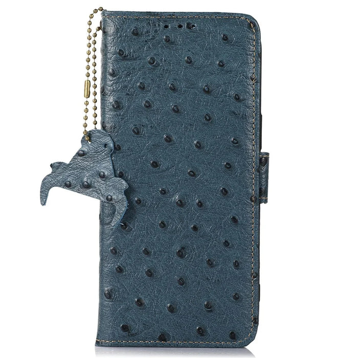 For Google Pixel 10a Case RFID Blocking Genuine Cow Leather Phone Case Ostrich Texture - Blue - 6