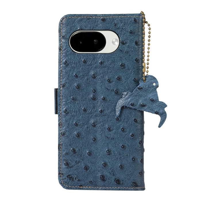 For Google Pixel 10a Case RFID Blocking Genuine Cow Leather Phone Case Ostrich Texture - Blue - 7