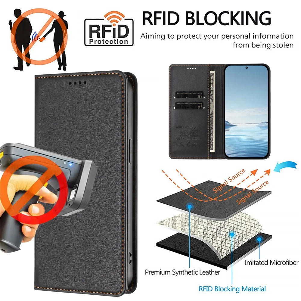 For Samsung Galaxy S26 Ultra Leather Wallet Case Magnetic Closure RFID Blocking Phone Cover - Black - 4
