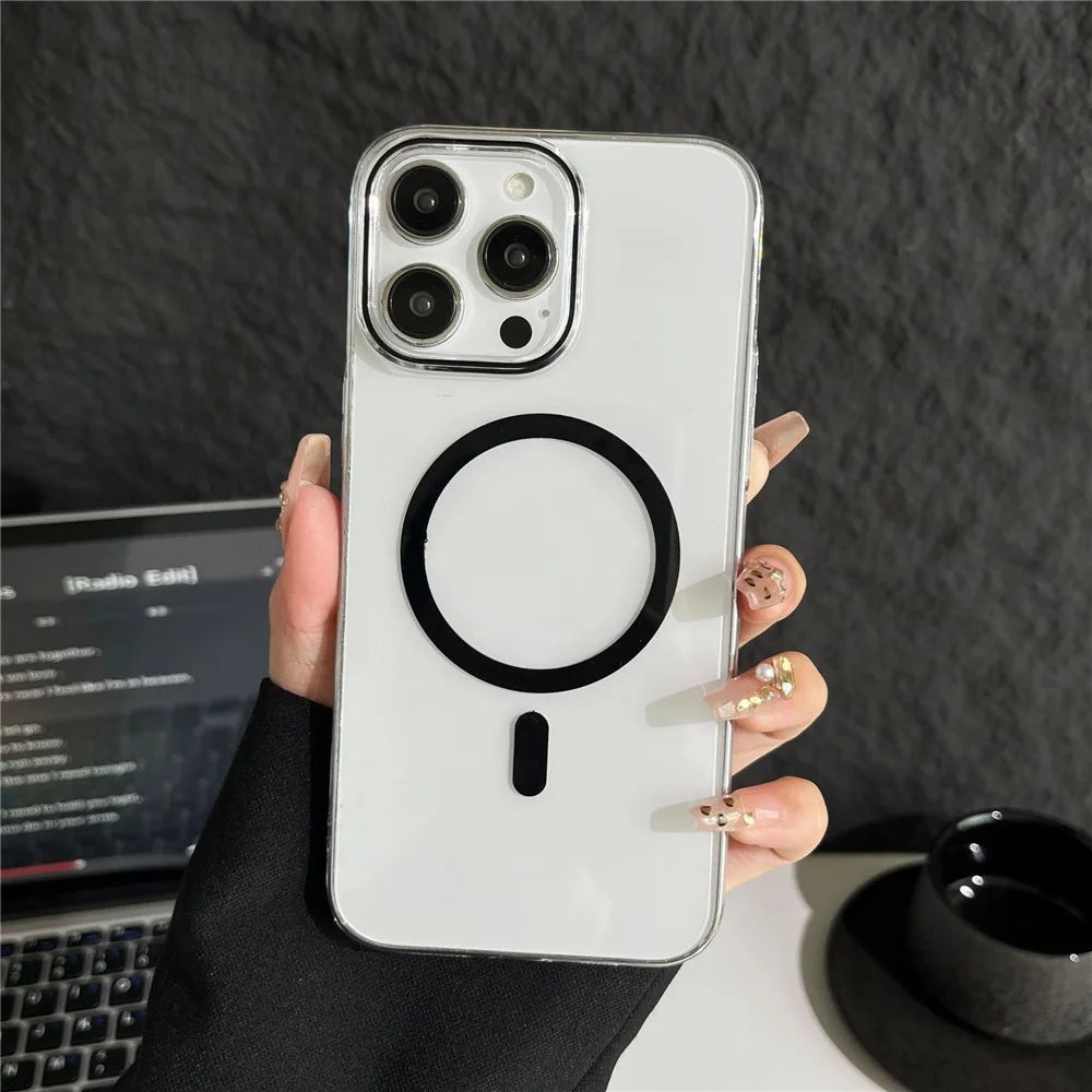 For iPhone 15 Pro Clear Magnetic Case Hard PC Phone Protective Back Cover Compatible with MagSafe - Black - 1