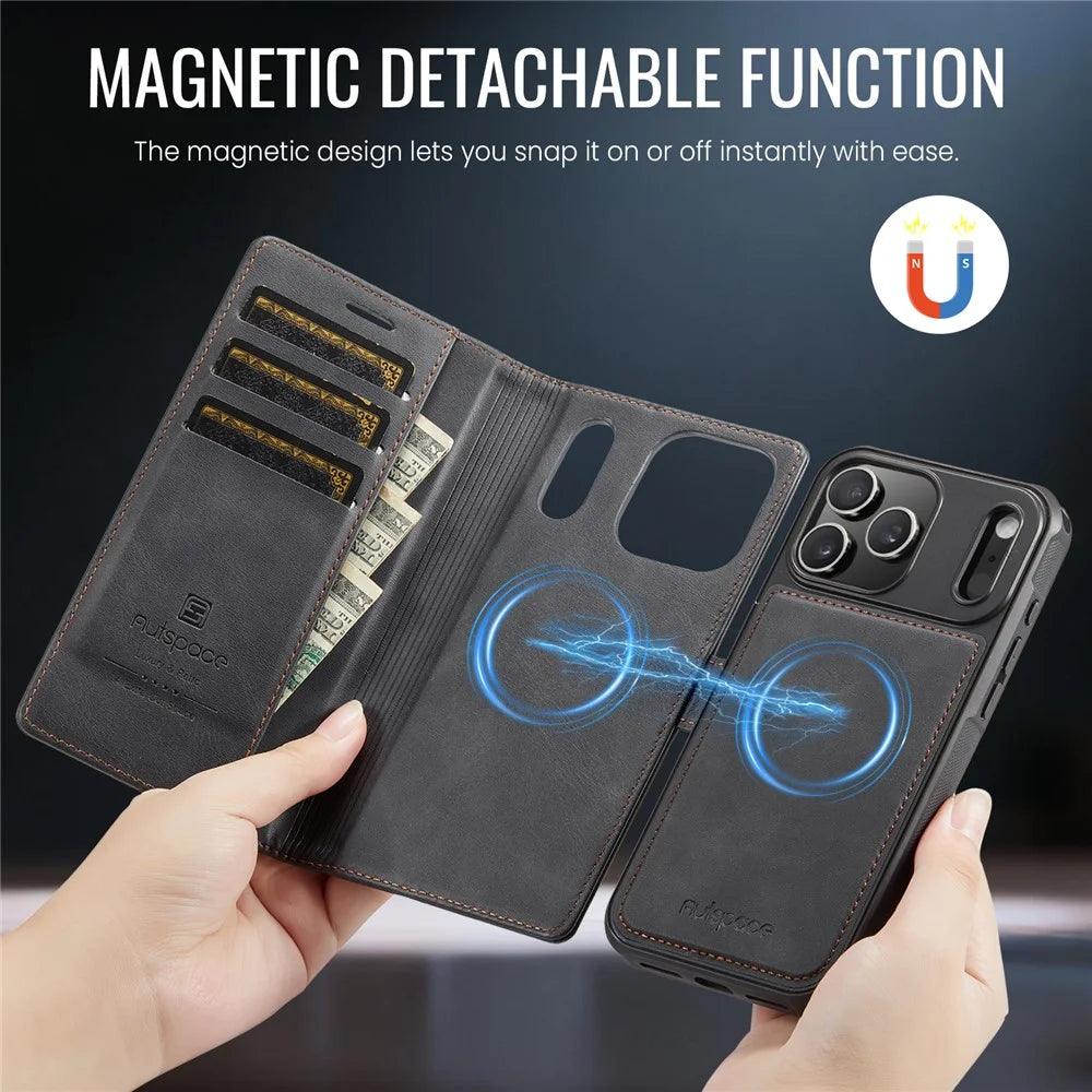 AUTSPACE A05 For iPhone 17 Pro Max Case Wallet Stand Detachable Leather Magnetic Phone Cover - Black - 3